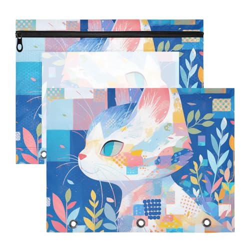 aidingzhi Federmäppchen, Mehrzweck-Taschenordner für A4-Papier, Briefe, 2 Stück, für Lehrer und Zuhause, bunt, blaue Katze, geometrisch von aidingzhi