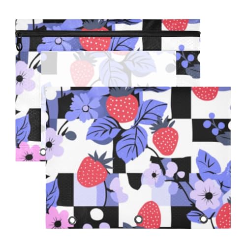 aidingzhi Federmäppchen, stabile Tasche mit 3 Ringen, für A4-Papier, Briefe, 2 Stück, Studenten, Büro, violettes Erdbeerkaros von aidingzhi