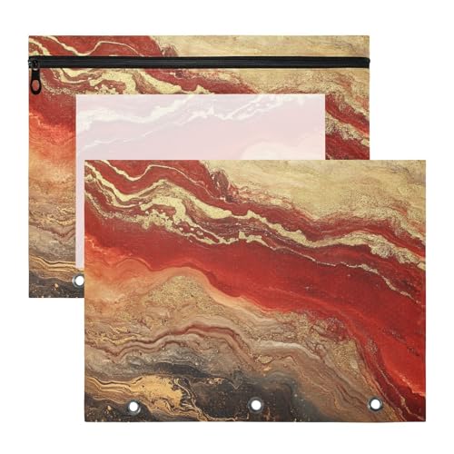 aidingzhi Federmäppchen, transparent, 3 Löcher, für A4-Papier, Briefe, 2 Stück, Lehrer, Kunstbedarf, Aufbewahrung, rote und goldene Marmorstruktur von aidingzhi