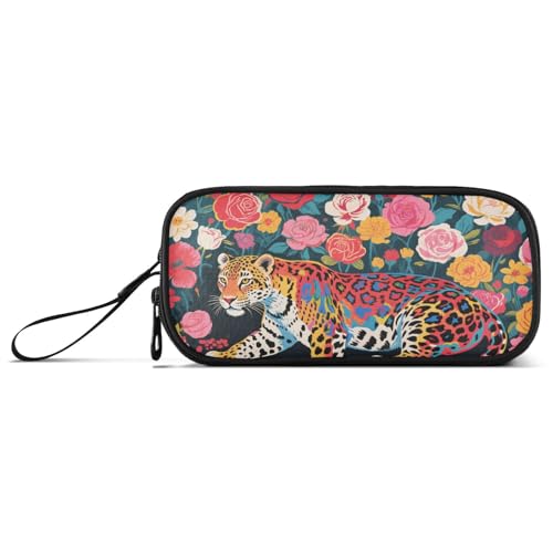 aidingzhi Federmäppchen aus Nylon, Motiv: bunte Leoparden- und Blumen-Art-Deco-Stil, für Schule, großes Fassungsvermögen, Schreibwaren für die High School Preppy von aidingzhi
