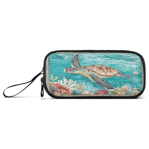 aidingzhi Federmäppchen aus Nylon, Retro-Korallen, Meeresschildkröte, mit Reißverschluss, großes Fassungsvermögen, College-Federmäppchen, Schreibwaren-Tasche für Schule und Damen von aidingzhi