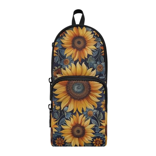 aidingzhi Federmäppchen im Retro-Stil mit Sonnenblumen, Nylon, 3 Fächer, großes Fassungsvermögen, Federmäppchen, Organizer, Schreibwaren-Organizer für Büro von aidingzhi