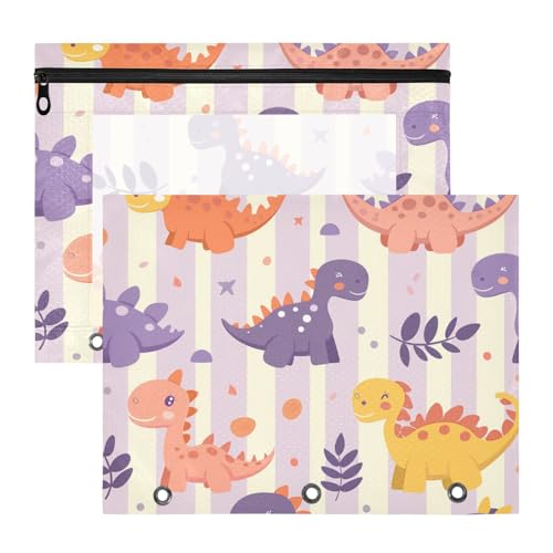 aidingzhi Federmäppchen mit 3 Löchern, 3 Löchern, Tasche für A4-Papier, Briefe, 2 Stück, Studenten, Büro, Cartoon, niedliche Dinosaurier, hellviolette Streifen von aidingzhi