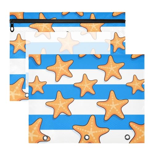 aidingzhi Federmäppchen mit 3 Löchern, Stiftehalter für 3 Ringe, 2 Stück, Lehrer, Schulbedarf, blau-weiß gestreift, Seestern von aidingzhi