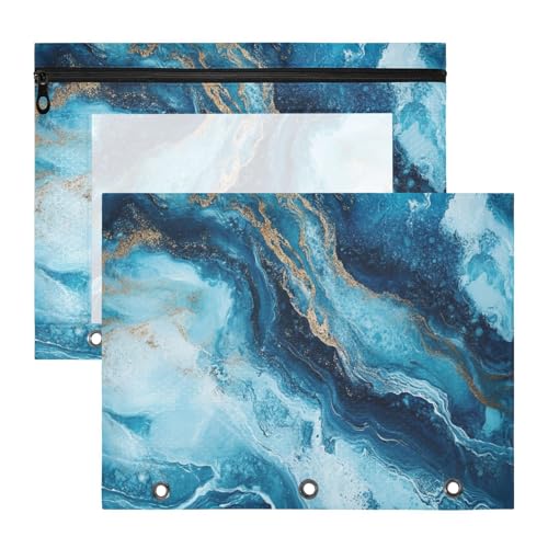 aidingzhi Federmäppchen mit 3 Löchern, Stiftehalter für A4-Papier, Briefe, 2 Stück, Lehrer, College, Blau und Gold, Marmor-Textur von aidingzhi