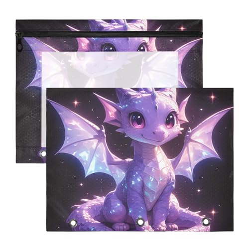 aidingzhi Federmäppchen mit 3 verstärkten Ösen, 3-Loch-Tasche für A4-Papier, Briefe, 2 Stück, Studenten, Kunstbedarf, Aufbewahrung, schwarz, Cartoon, violetter Drache von aidingzhi