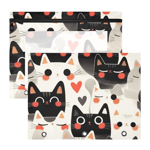 aidingzhi Federmäppchen mit 3 verstärkten Ösen, 3 Locher für A4-Papier, Briefe, 2 Stück, Studenten, Büro, Cartoon, niedliche Katzen von aidingzhi