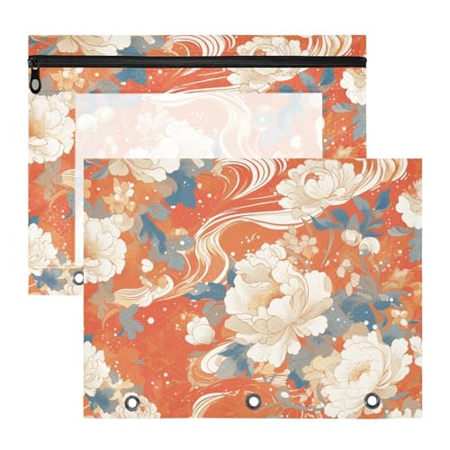 aidingzhi Federmäppchen mit 3 verstärkten Ösen, Stifthalter für 3 Ringe, 2 Stück, Studenten, Klasse, japanischer Stil, orangefarbene Blumen von aidingzhi