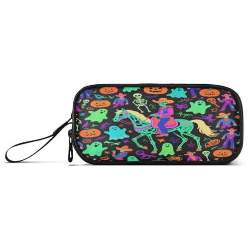 aidingzhi Federmäppchen mit Aufschrift "Happy Halloween", Cowboy-Skelett, Nylon, große Kapazität, Reißverschluss, Netz, Federmäppchen, Schreibwaren-Tasche für adrette Schulmädchen von aidingzhi