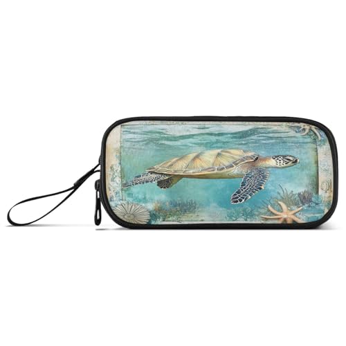aidingzhi Federmäppchen mit Meeresschildkröten-Illustration, Nylon-Federmäppchen, hohe Kapazität, Federmäppchen für Mädchen, Schule, Schreibwaren für Frauen der Mittelschule von aidingzhi