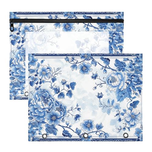 aidingzhi Federmäppchen mit Reißverschluss, 3 Ringe, Tasche für A4-Papier, Briefe, 2 Stück, Lehrerklasse, blau-weiß, chinesische Blume von aidingzhi