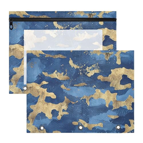 aidingzhi Federmäppchen mit Reißverschluss, 3 Ringe, Tasche für A4-Papier, Briefe, 2 Stück, Studenten, Schulanfang, goldblaues Muster von aidingzhi