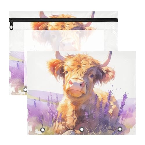 aidingzhi Federmäppchen mit Sichtfenster, 3 Löcher, für A4-Papier, Briefe, 2 Stück, Studenten, Klassenzimmer, schönes braunes schottisches Hochlandrind mit Lavendel von aidingzhi