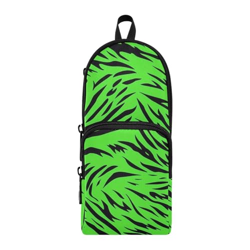 aidingzhi Federmäppchen mit fluoreszierendem grünem Tigerfell-Textur, Nylon, 3 Fächer, großes Federmäppchen, multifunktionales Reißverschluss-Netz-Federmäppchen für Schule von aidingzhi