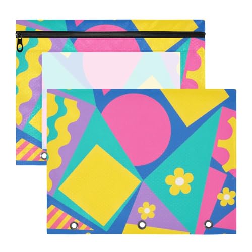 aidingzhi Federmäppchen mit glatten Reißverschlüssen, 3-Lochung für A4-Papier, Briefe, 2 Stück, Lehrer, Klassenzimmer, bunte geometrische Formen, gelbe Blumen von aidingzhi