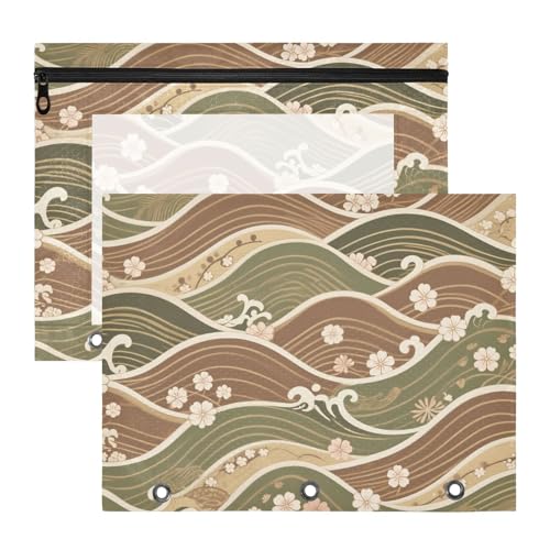 aidingzhi Federmäppchen mit glatten Reißverschlüssen, 3-Lochung für A4-Papier, Briefe, 2 Stück, Studenten, Kunstbedarf, Aufbewahrung, braunes Grün, japanisches Retro-Muster von aidingzhi
