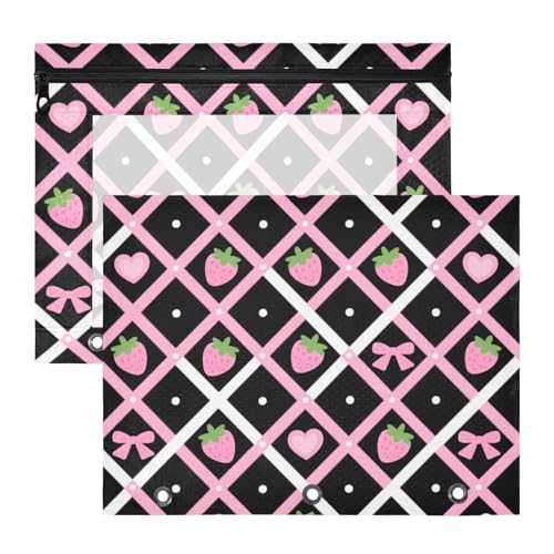 aidingzhi Federmäppchen mit glatten Reißverschlüssen, 3-Lochung für A4-Papier, Briefe, 2 Stück, Studenten, Zuhause, rosa, niedliches Erdbeerförmiges Raster von aidingzhi