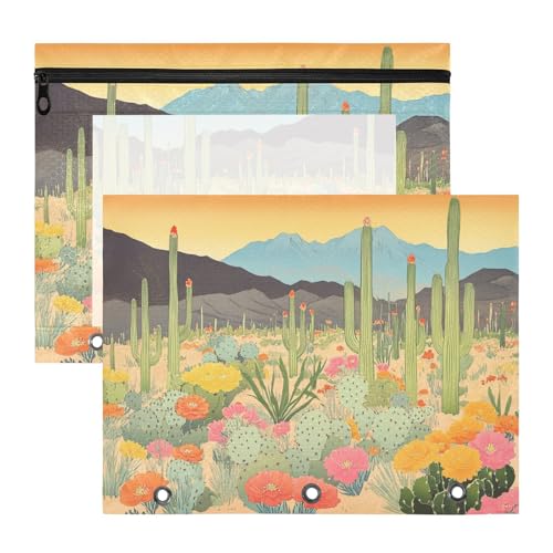 aidingzhi Federmäppchen mit glatten Reißverschlüssen, Taschenordner für A4-Papier, Briefe, 2 Stück, Lehrer, College, Wüste mit Kakteen und blühenden Blumen _1 von aidingzhi