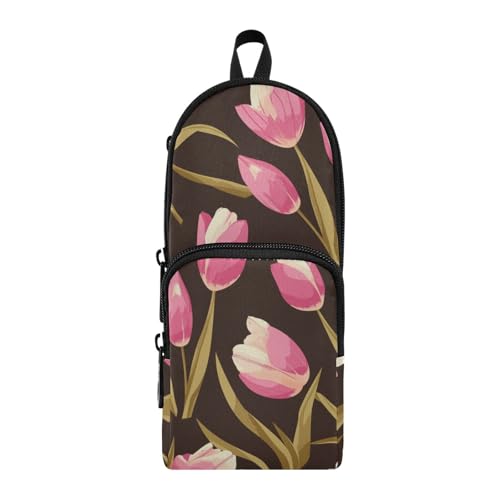 aidingzhi Federmäppchen mit rosa Tulpen und grünen Blättern, flach, 1 Nylon, 3 Fächer, Federmäppchen, Schulbedarf, große Kapazität, Reißverschluss, Netz, Federmäppchen, Schreibwaren-Organizer für von aidingzhi