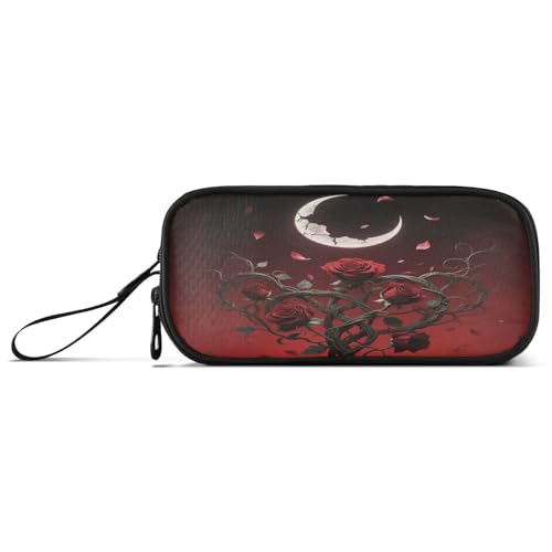 aidingzhi Federmäppchen mit roter Rose und Mondschein in der Nacht, Nylon, großes Fassungsvermögen, Reißverschluss, Netz, Federmäppchen, Schreibwaren-Tasche für Elementarmann von aidingzhi