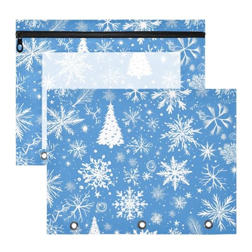 aidingzhi Federmäppchen mit transparentem Fenster, 3 Löcher, Tasche für A4-Papier, Briefe, 2 Stück, Studenten, Kunstbedarf, Aufbewahrung, Weihnachten, blaue Schneeflocken von aidingzhi