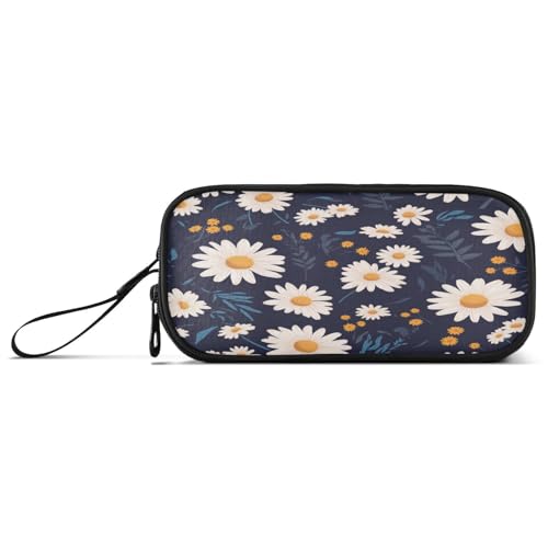 aidingzhi Federmäppchen mit weißem Gänseblümchen, dunkelblau, Nylon, großes Fassungsvermögen, Federmäppchen, Schreibwaren-Organizer für High School Frauen von aidingzhi