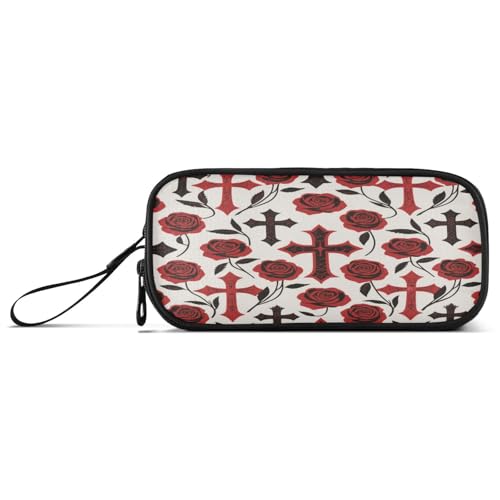 aidingzhi Gothic Rot Schwarz Halloween Kreuz Rose Nylon Große Federmäppchen Bleistift Tasche Hohe Kapazität Stift Federmäppchen Schule Schreibwaren für High School Mädchen von aidingzhi