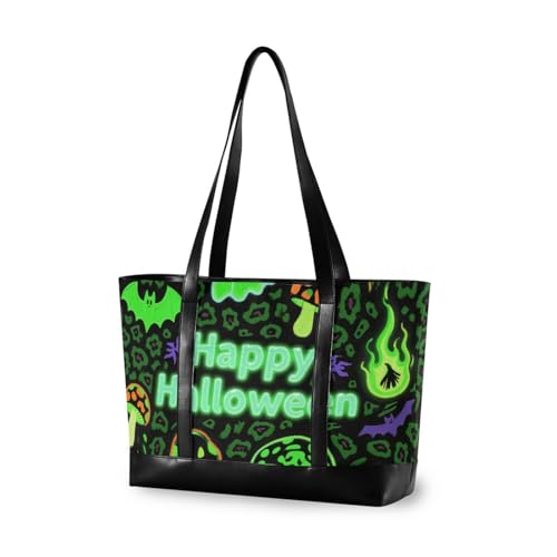 aidingzhi Halloween Grüner Leopardenmuster Kürbis einfache Tasche für Damen, 35,6 cm mit Reißverschluss, Arbeitstasche für Pendler mit Mittagessen von aidingzhi