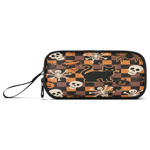 aidingzhi Halloween Orange karierter Kürbis Katze Schädel Nylon Große Kapazität Federmäppchen für Teenager Schreibwaren Organizer für College Preppy von aidingzhi