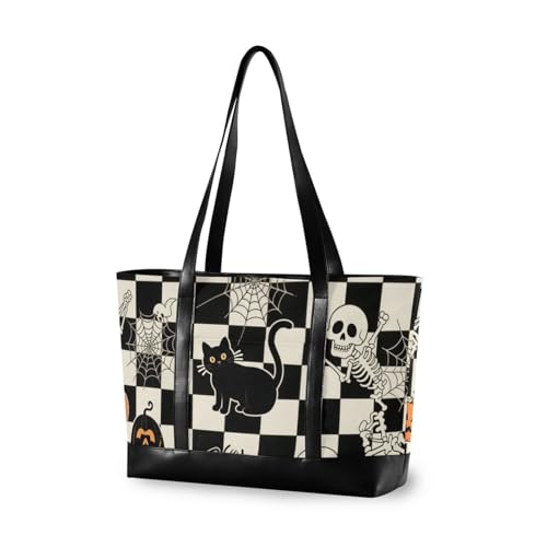 aidingzhi Halloween schwarz karierter Kürbis Katze Schädel einfache Tasche für Frauen mit Reißverschluss mit Reißverschluss Arbeitstasche für Büro mit von aidingzhi