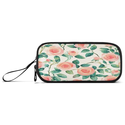 aidingzhi Handgezeichnete Rosen, pfirsichfarbenes Nylon-Federmäppchen für Teenager, hohe Kapazität, Federmäppchen für College-Schreibwaren für College-Männer von aidingzhi