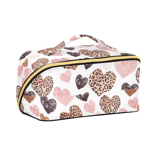 aidingzhi Hearts Leopard 80er Jahre Kosmetiktasche mit Trennwänden, wasserdichte Kosmetiktasche für Damen mit Fächern & Griff von aidingzhi