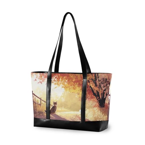 aidingzhi Herbstbaum, goldene Blätter, schwarze Katze, professionelle Bürotaschen für Damen, mit Reißverschlusstasche, 35,6 cm, für die Universität mit von aidingzhi