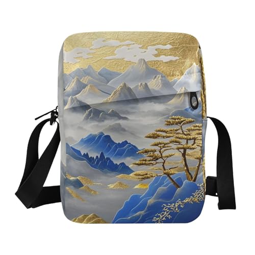 aidingzhi Herren Kuriertasche mit chinesischer Landschaft, Schultertasche, Umhängetasche, verstellbarer Riemen, Blau und Gold, für Freizeit, Business von aidingzhi