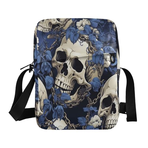 aidingzhi Hippie-Kuriertasche mit blauen Blumen und Totenköpfen für Damen, Umhängetasche, verstellbarer Riemen, für Shopping, Arbeit von aidingzhi