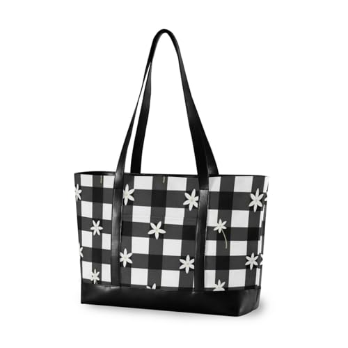 aidingzhi Karierte schwarze und weiße kleine Blumen, trendige Tragetasche für Damen, Laptop mit Reißverschluss, Tragetaschen für College von aidingzhi