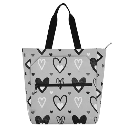 aidingzhi Kinder-Tragetaschen für Kinder, Studenten, Erwachsene, grau-schwarze Herzen, groß, wiederverwendbar, Büchertasche, Lebensmitteltasche mit Reißverschluss, für Schule, Arbeit, Reisen von aidingzhi