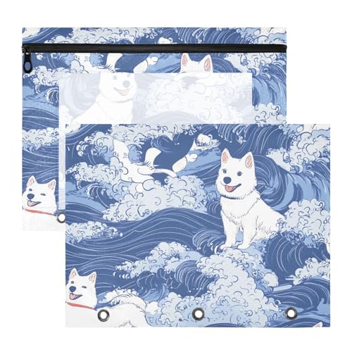 aidingzhi Kosmetiktasche, 3 Löcher, 3 Löcher, Tasche für A4-Papier, Briefe, 2 Stück, Lehrer, Kunstbedarf, Aufbewahrung, japanischer Stil, blaue Hundewellen von aidingzhi