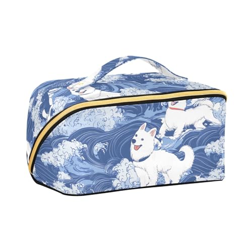 aidingzhi Kosmetiktasche im japanischen Stil, blaue Hundewellen, mit Trennwänden, stilvolle Kosmetiktasche für Damen, mit Fächern und Griff von aidingzhi