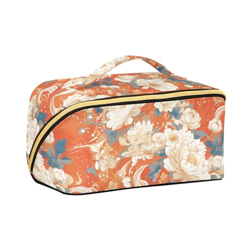 aidingzhi Kulturbeutel im japanischen Stil mit orangefarbenen Blumen, mit Trennwänden, Reißverschluss, Kosmetiktasche für Damen, Reisen, mit Fächern und Griff von aidingzhi