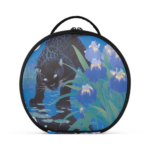 aidingzhi Kulturbeutel mit Fächern und Griff, schicker schwarzer Leopard mit blauen Schwertlilien, stilvolle Kulturtasche für Damen, mit verstellbaren Trennwänden, 27,9 cm von aidingzhi