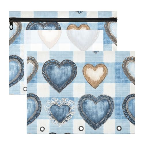 aidingzhi Mehrzweck-Aufbewahrungstasche für A4-Papier, Briefe, 2 Stück, Lehrerklasse, blaue Herzen, blaues Gingham-Muster, Denim, braune Spitzen-Akzente von aidingzhi