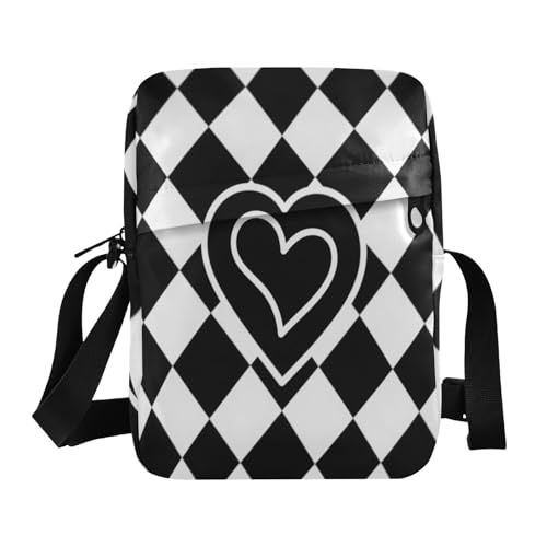 aidingzhi Messenger-Tasche mit rautenförmigem Herzmotiv, für Damen, Umhängetasche, Umhängetasche, Handtasche, verstellbarer Riemen, für Reisen, Arbeit, Weiß und Schwarz von aidingzhi