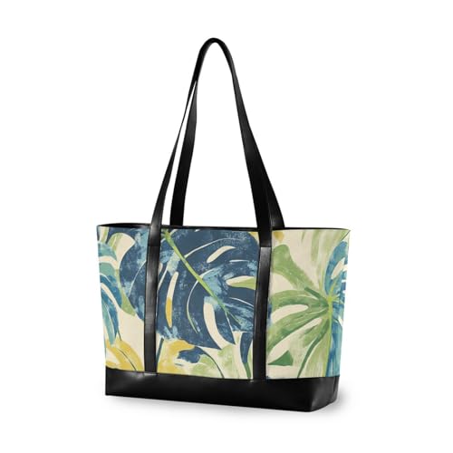 aidingzhi Modische Damen-Arbeitstasche mit Reißverschluss, Motiv: Palmblätter, Aquarellfarben, Grün von aidingzhi
