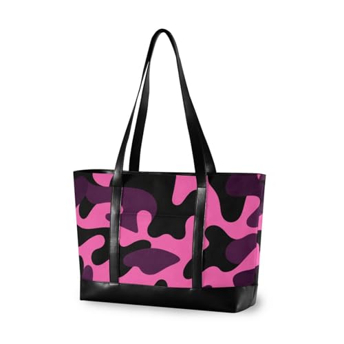aidingzhi Modische Laptoptasche für Damen, mit Reißverschluss, große Arbeitstasche für Damen, für Reisen, Fitnessstudio, Urlaub, mit Camouflage-Muster, Schwarz / Rosa von aidingzhi