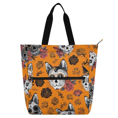 aidingzhi Niedliche Buch-Tragetasche für Jungen und Mädchen, Gothic-Skelett-Katze, wasserdicht, strapazierfähig, Lehrer-Tragetasche, Bibliothekstasche für Schule, Einkaufen, Strand, Regenbogen von aidingzhi
