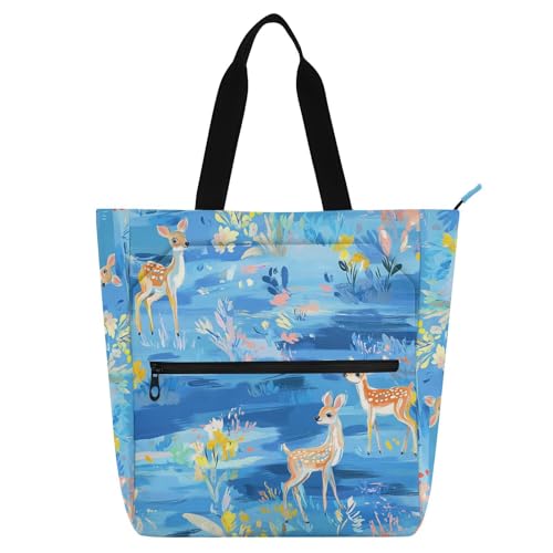 aidingzhi Niedliche Kinder-Tragetaschen für Kinder und Erwachsene, niedlicher Hirsch, blauer Himmel, Blumen, stabile Schul-Umhängetasche mit Reißverschlusstaschen, für Schule und Spielzeit, Regenbogen von aidingzhi