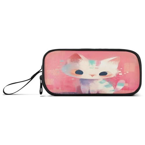 aidingzhi Pfirsichfarbenes Federmäppchen mit Cartoon-Katze, Nylon, Reißverschluss, große Kapazität, Federmäppchen für Teenager, Schreibwaren für Schule, Erwachsene von aidingzhi