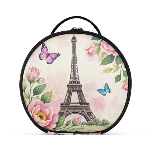 aidingzhi Romantische Kosmetiktasche mit Fächern und Griff, Motiv: Pariser Eisenturm mit Blumen, wasserdichte Make-up-Tasche für Damen, mit verstellbaren Trennwänden, 27,9 cm von aidingzhi