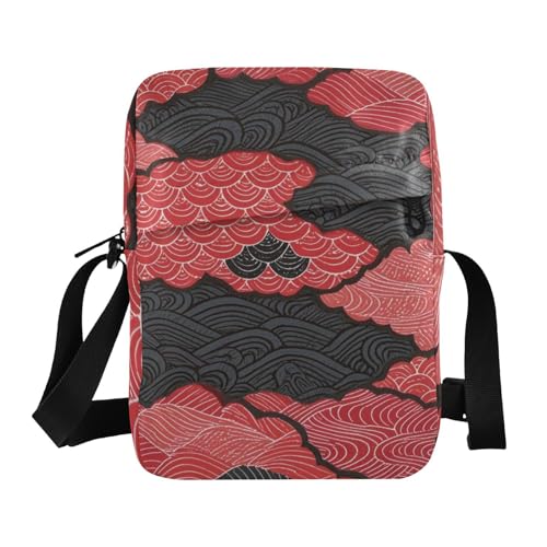 aidingzhi Rot-schwarze japanische Zephyr Kirschblüte Wellen Messenger Bag niedliche Umhängetasche Damen Geldbörsen Verstellbarer Riemen für Outdoor-Sportarten Outdoor Alltag von aidingzhi